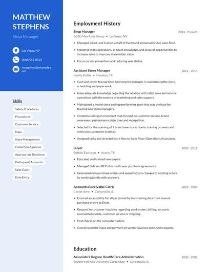 Shop Manager Resume
