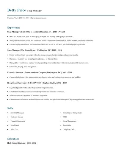Shop Manager Resume