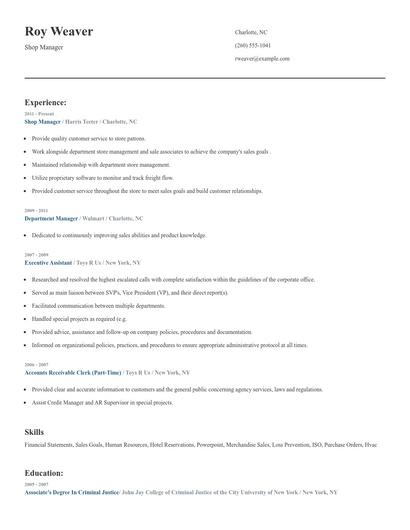 Shop Manager Resume