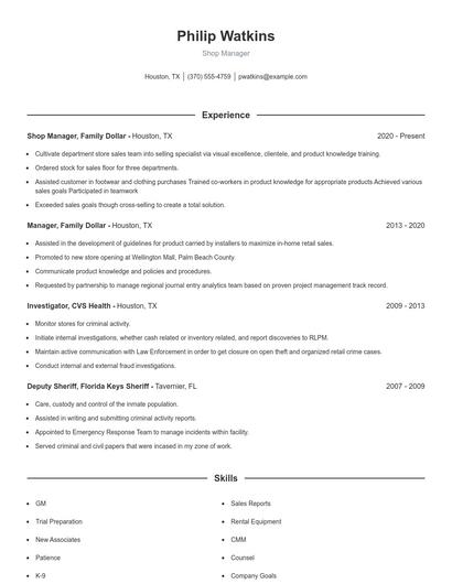 Shop Manager Resume