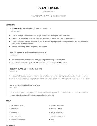Shop Manager Resume