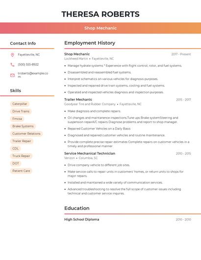 Shop Mechanic Resume