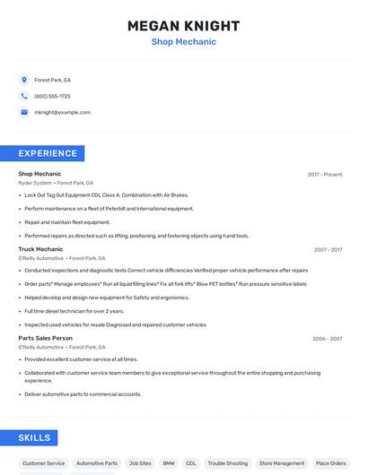 Shop Mechanic Resume