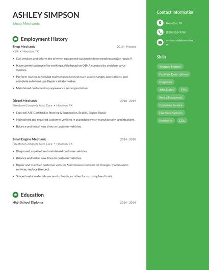 Shop Mechanic Resume