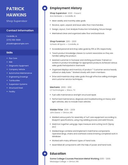 Shop Supervisor Resume