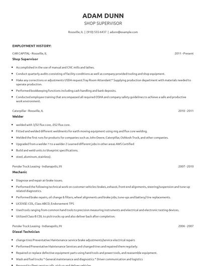 Shop Supervisor Resume