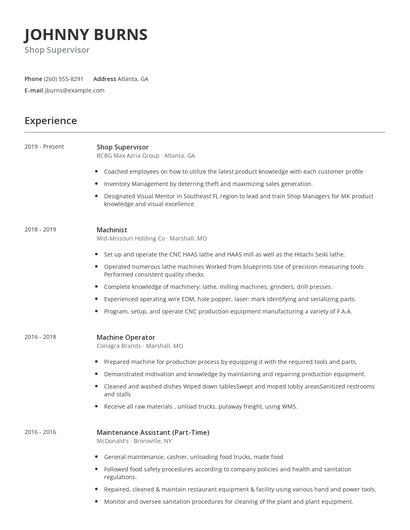 Shop Supervisor Resume