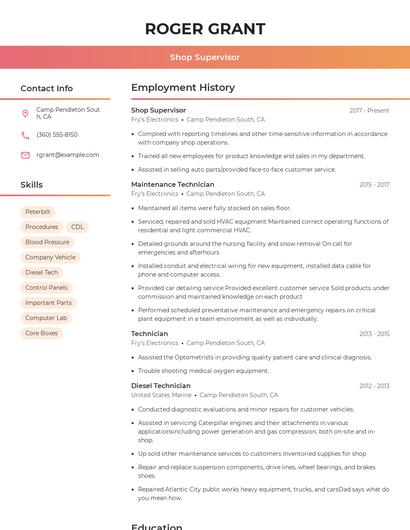 Shop Supervisor Resume