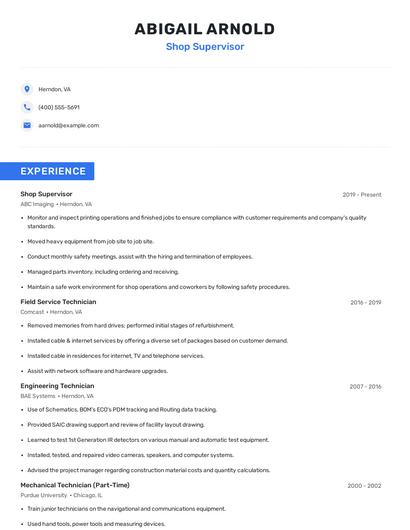 Shop Supervisor Resume