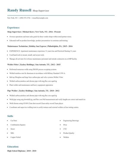 Shop Supervisor Resume