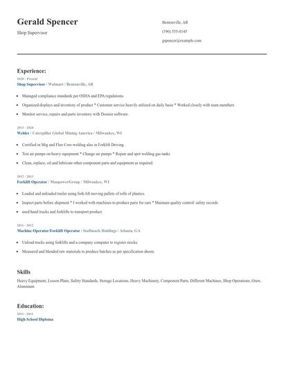 Shop Supervisor Resume