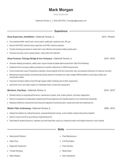 Shop Supervisor Resume