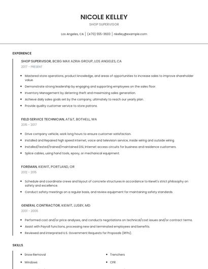 Shop Supervisor Resume