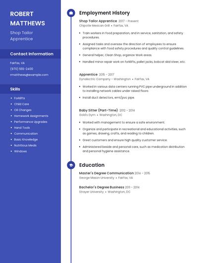 Shop Tailor Apprentice Resume