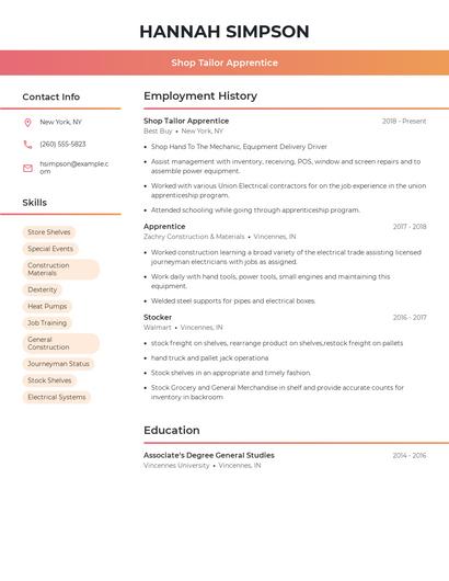 Shop Tailor Apprentice Resume