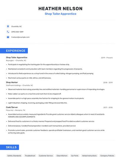 Shop Tailor Apprentice Resume