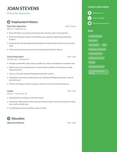 Shop Tailor Apprentice Resume