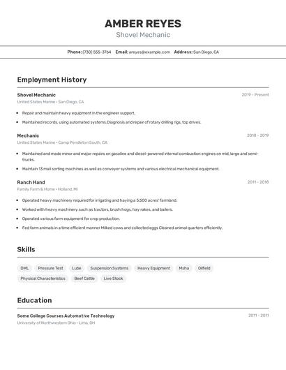 Shovel Mechanic Resume