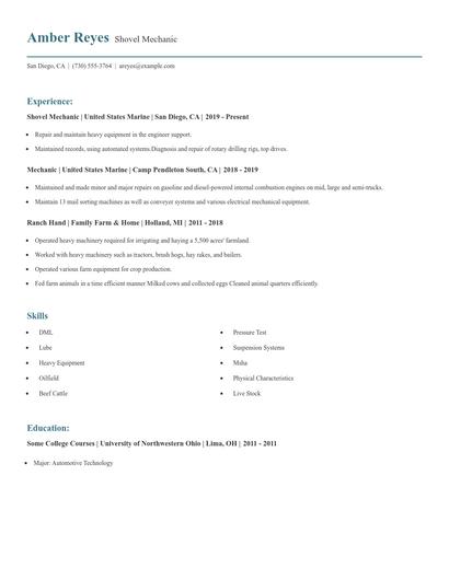 Shovel Mechanic Resume