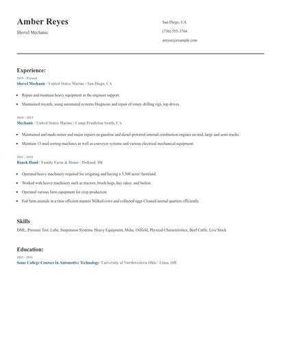 Shovel Mechanic Resume