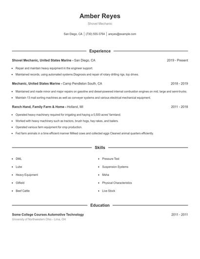 Shovel Mechanic Resume