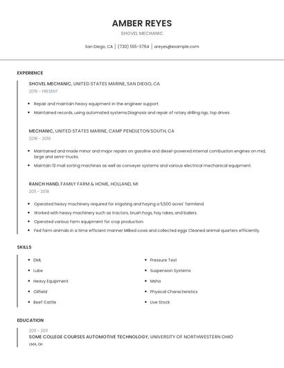 Shovel Mechanic Resume