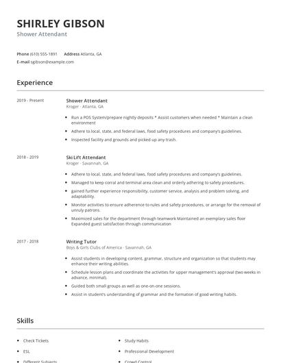 Shower Attendant Resume