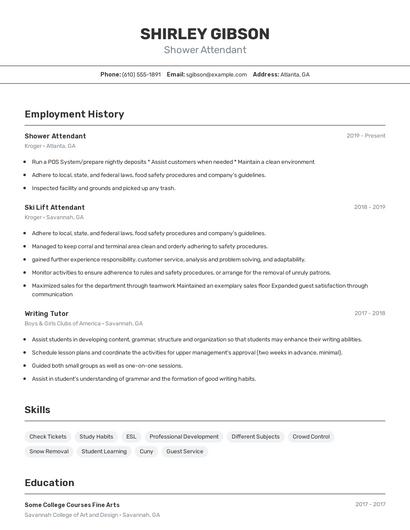 Shower Attendant Resume