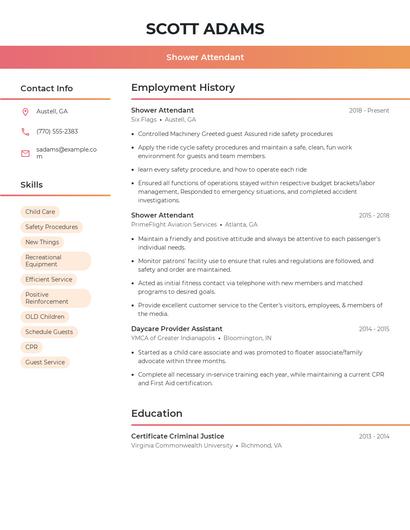 Shower Attendant Resume