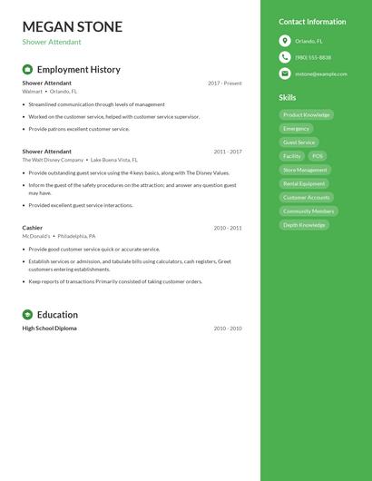 Shower Attendant Resume