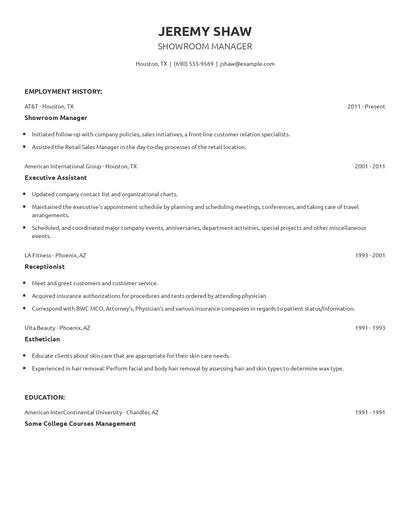 Showroom Manager Resume