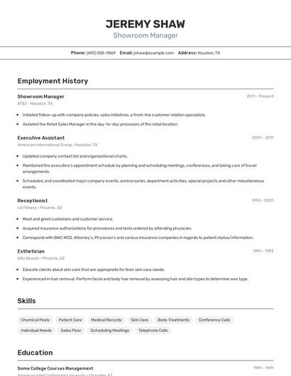 Showroom Manager Resume