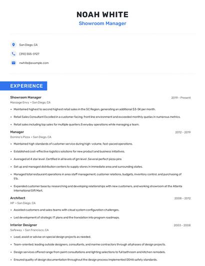 Showroom Manager Resume