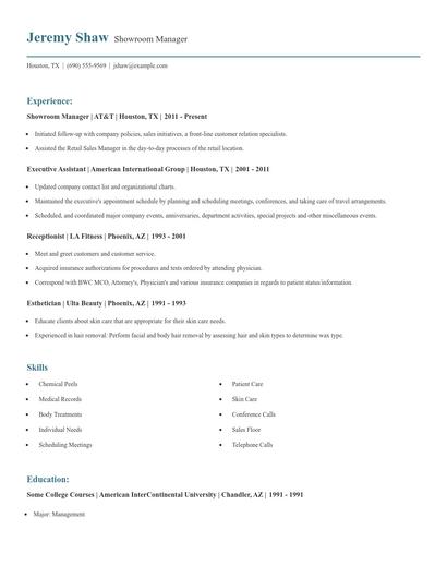 Showroom Manager Resume