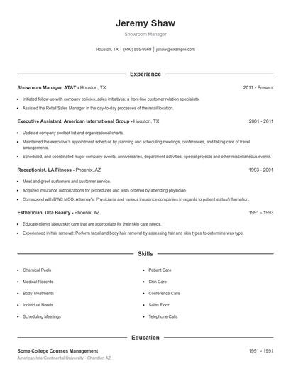 Showroom Manager Resume