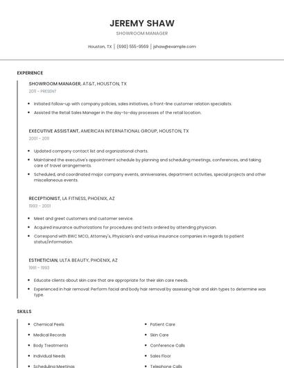 Showroom Manager Resume