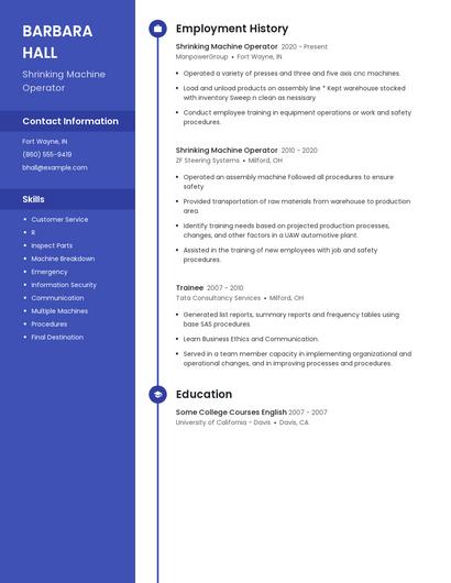 Shrinking Machine Operator Resume
