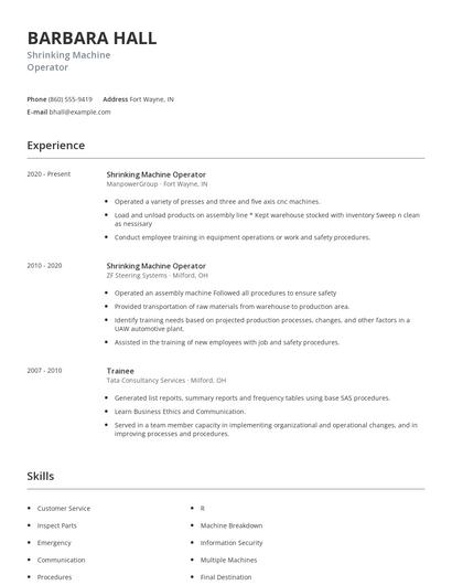 Shrinking Machine Operator Resume