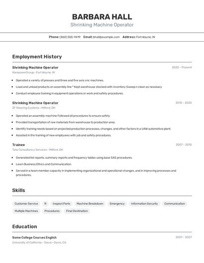 Shrinking Machine Operator Resume