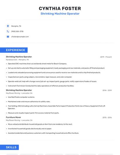 Shrinking Machine Operator Resume