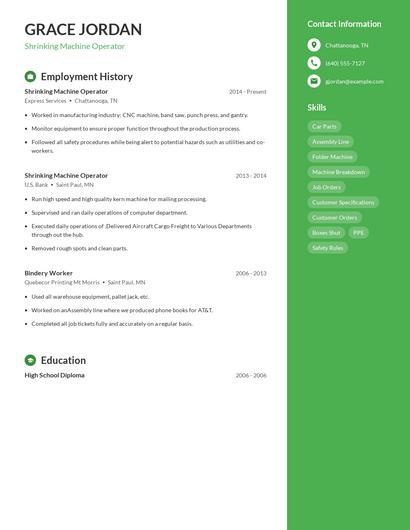 Shrinking Machine Operator Resume