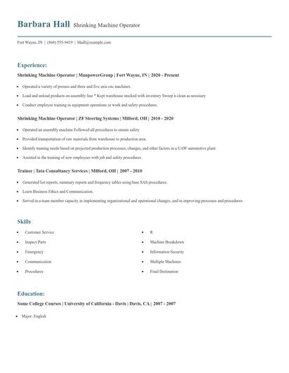 Shrinking Machine Operator Resume
