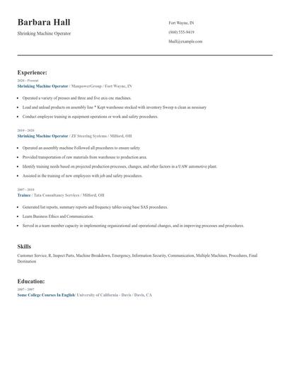 Shrinking Machine Operator Resume