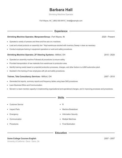 Shrinking Machine Operator Resume