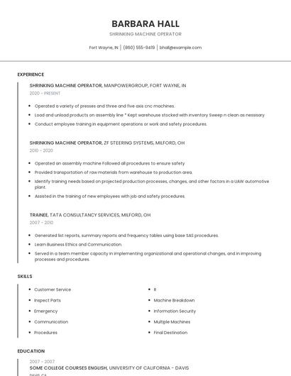 Shrinking Machine Operator Resume
