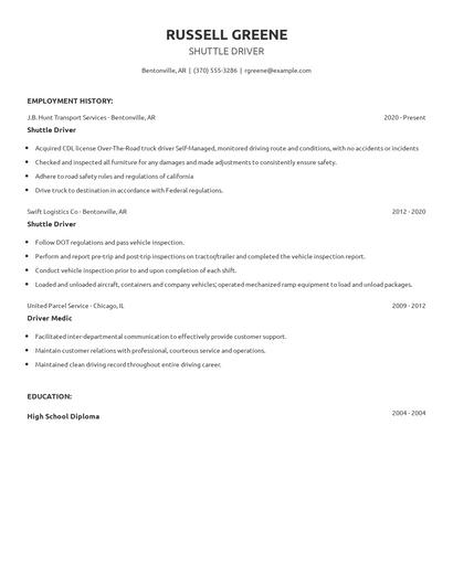 Shuttle Driver Resume