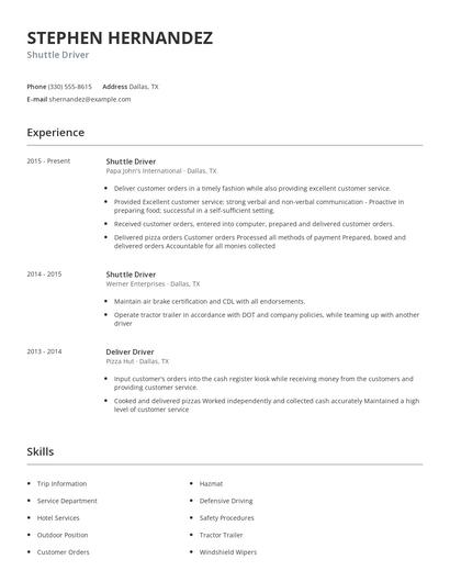 Shuttle Driver Resume