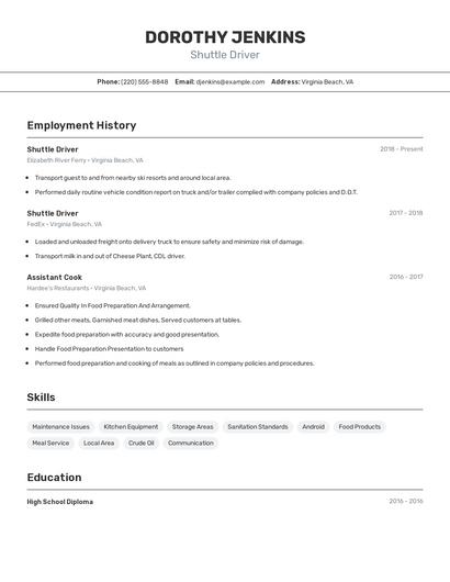 Shuttle Driver Resume