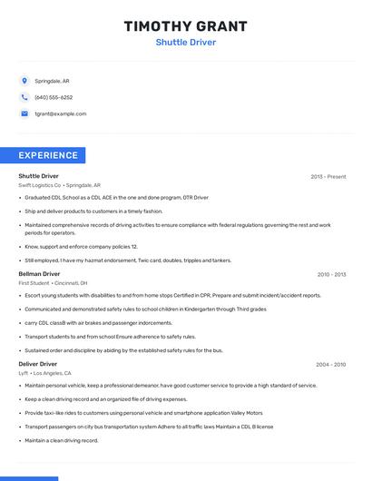 Shuttle Driver Resume