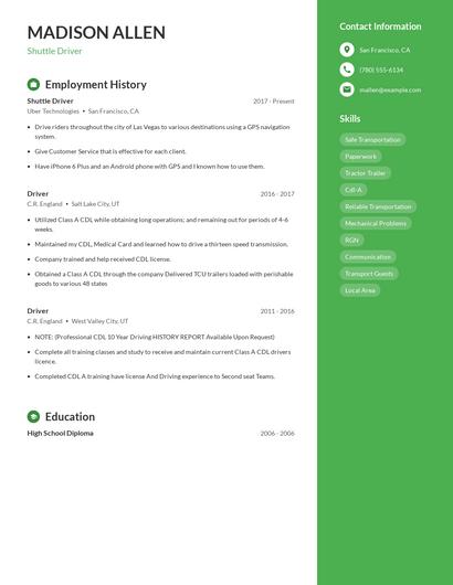 Shuttle Driver Resume